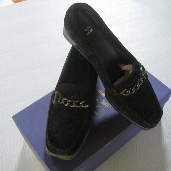 Comfortable Stuart Weitzman Luckyperf Black Sport Suede Decorative Buckle Loafer - Picture 1 of 4